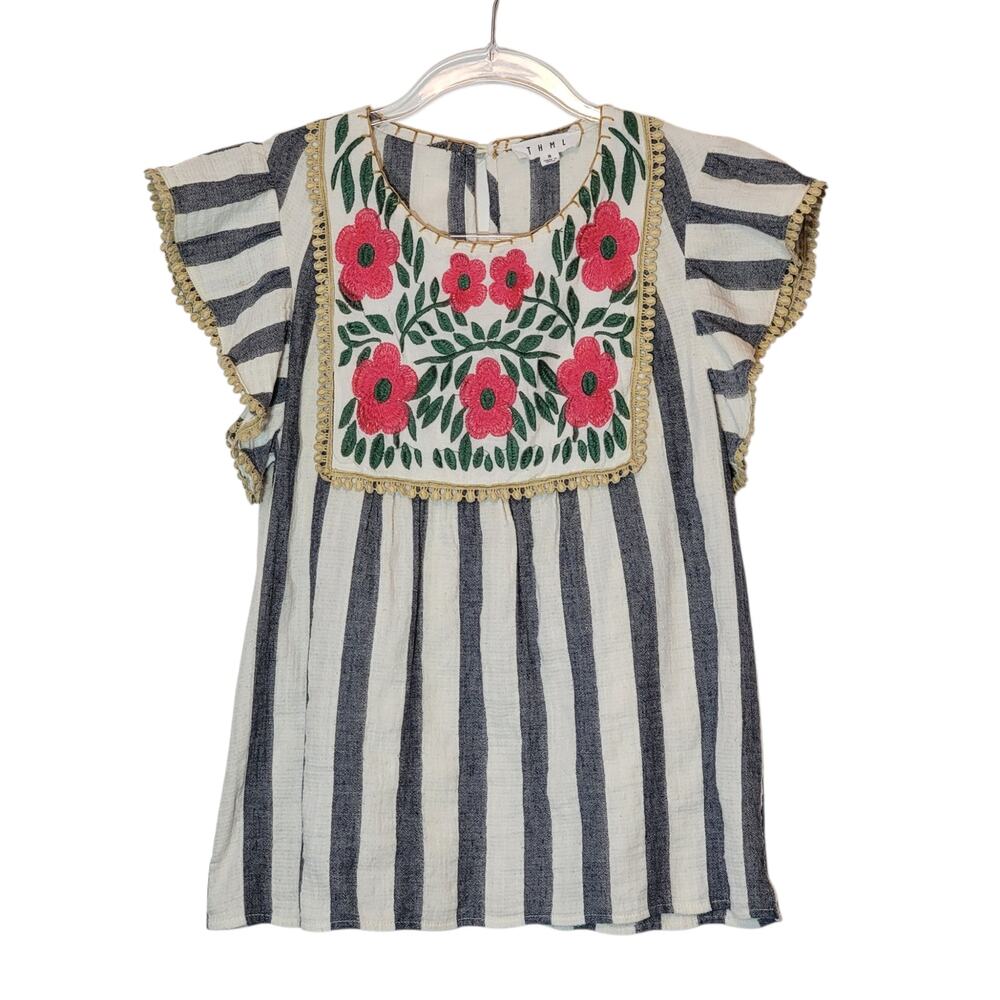 Anthro THML Blue White Stripe Embroidered Flutter Sleeve Cotton Top S